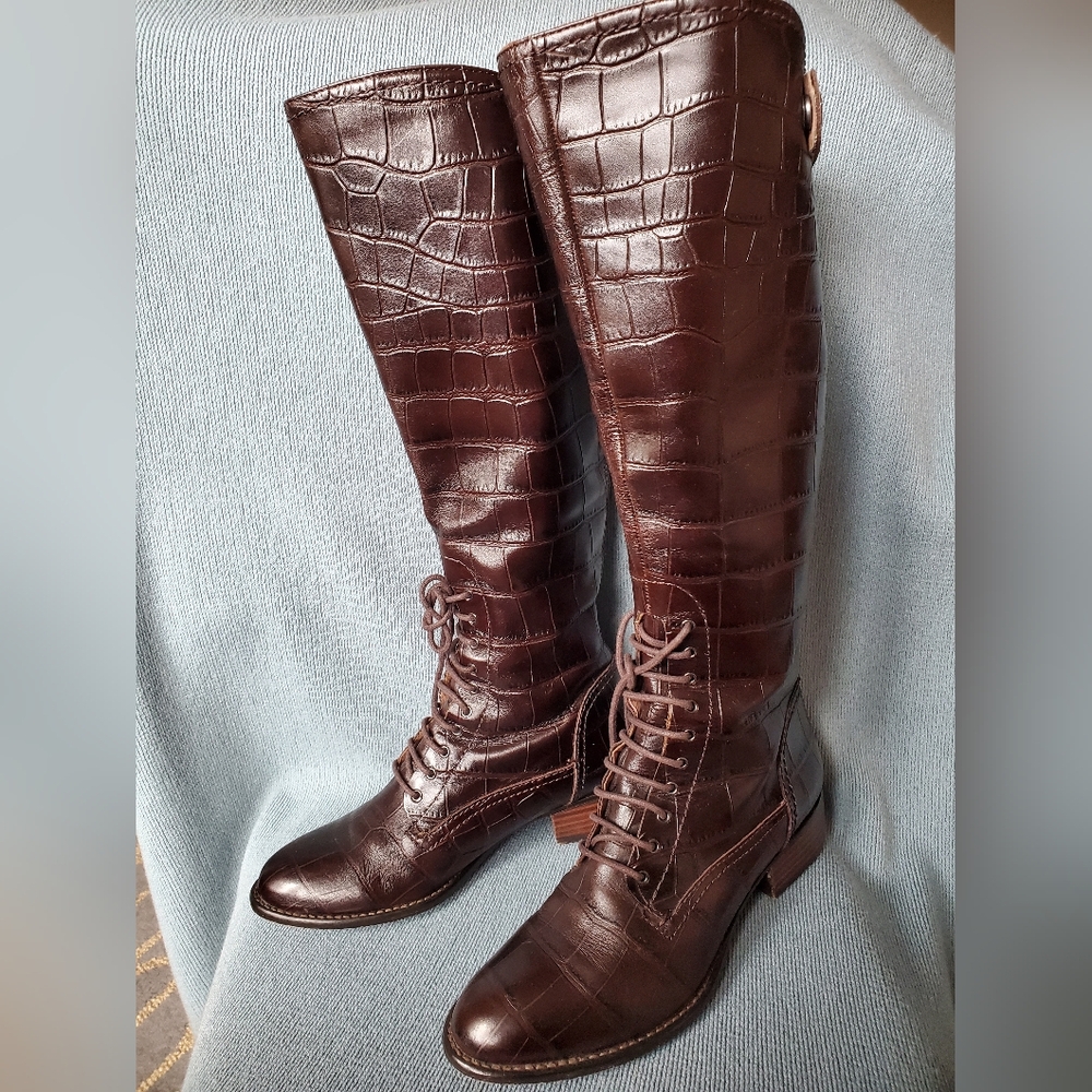 Donald Pliner, Prance boot, narrow calf, knee high, equestrian, croc embossed.